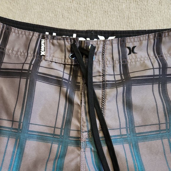 Hurley Boardshorts Mens 32 Gray Blue Plaid Swim Trunks Drawstring Pocket - Picture 4 of 7